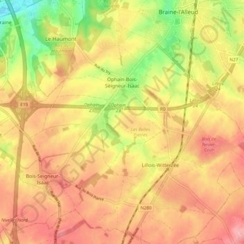 Topografische kaart Ophain-Bois-Seigneur-Isaac, hoogte, reliëf
