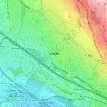 Topografische kaart Renens, hoogte, reliëf