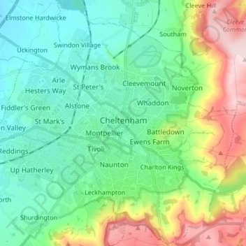Topografische kaart Cheltenham, hoogte, reliëf