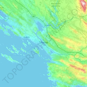 Topografische kaart Grad Šibenik, hoogte, reliëf