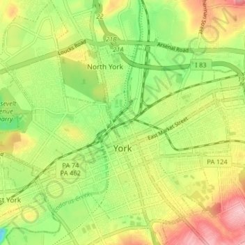 Topografische kaart York, hoogte, reliëf