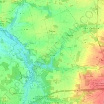Topografische kaart Appel, hoogte, reliëf