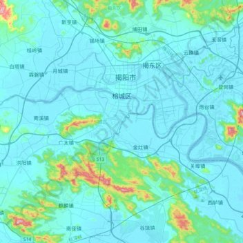 Topografische kaart 榕城区, hoogte, reliëf
