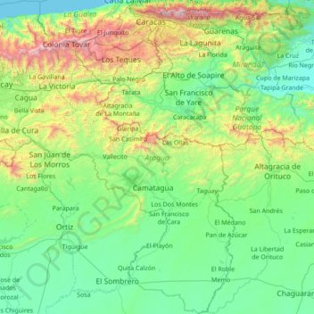 Topografische kaart Aragua, hoogte, reliëf