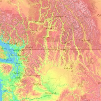 Topografische kaart Columbia River, hoogte, reliëf