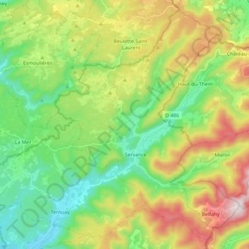 Topografische kaart Servance-Miellin, hoogte, reliëf