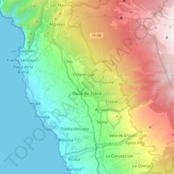Topografische kaart Guía de Isora, hoogte, reliëf