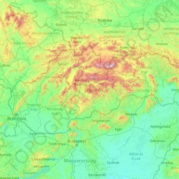 Topografische kaart Slowakije, hoogte, reliëf