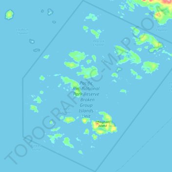 Topografische kaart Pacific Rim National Park Reserve - Broken Group Islands Unit, hoogte, reliëf