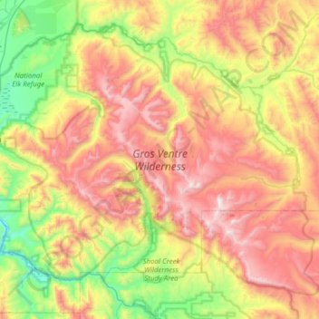 Topografische kaart Gros Ventre Wilderness Area, hoogte, reliëf