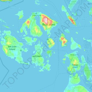 Topografische kaart Padilla Bay National Estuarine Research Reserve, hoogte, reliëf