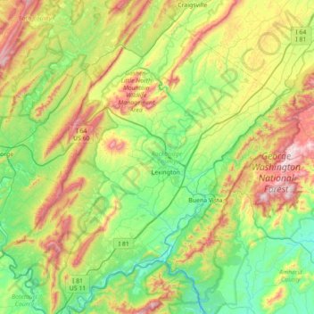 Topografische kaart Rockbridge County, hoogte, reliëf