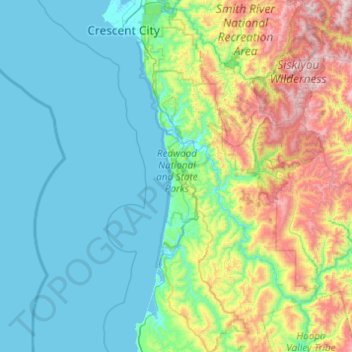 Topografische kaart Redwood National Park, hoogte, reliëf