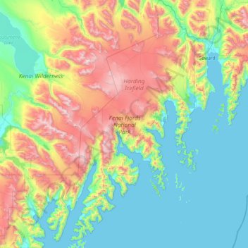 Topografische kaart Kenai Fjords National Park, hoogte, reliëf