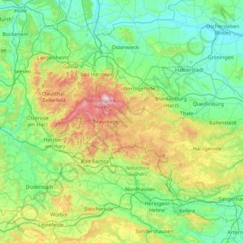 Topografische kaart Harz, hoogte, reliëf
