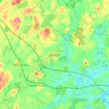 Topografische kaart Acton, hoogte, reliëf