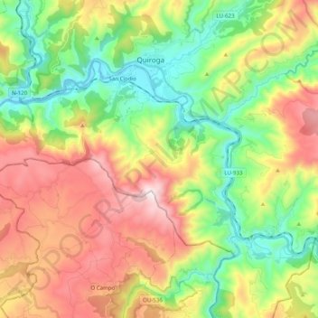 Topografische kaart Ribas de Sil, hoogte, reliëf