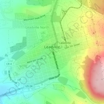 Topografische kaart Leadville, hoogte, reliëf