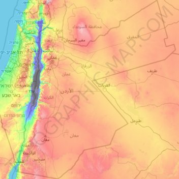 Topografische kaart Jordanië, hoogte, reliëf
