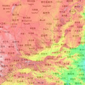 Topografische kaart Shaanxi, hoogte, reliëf