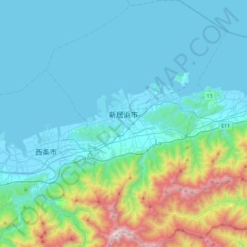 Topografische kaart 新居滨市, hoogte, reliëf