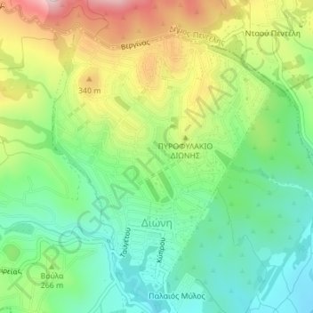 Topografische kaart Dioni, hoogte, reliëf