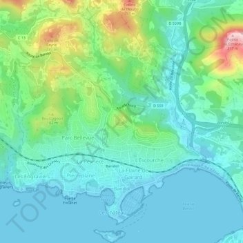 Topografische kaart Bandol, hoogte, reliëf