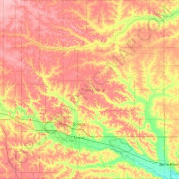 Topografische kaart Tama County, hoogte, reliëf