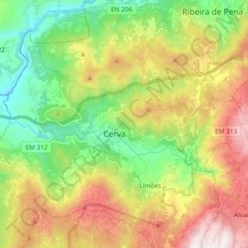 Topografische kaart Cerva, hoogte, reliëf