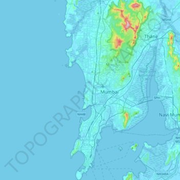 Topografische kaart Mumbai, hoogte, reliëf