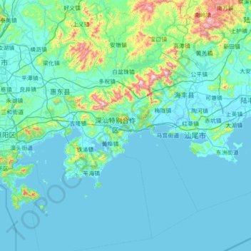 Topografische kaart 惠东县, hoogte, reliëf
