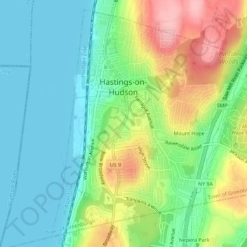 Topografische kaart Village of Hastings-on-Hudson, hoogte, reliëf