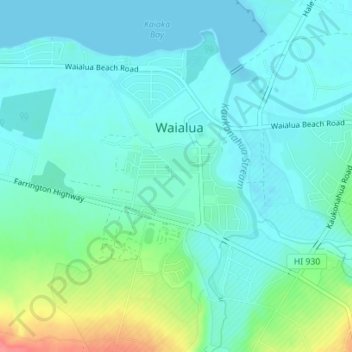 Topografische kaart Waialua, hoogte, reliëf