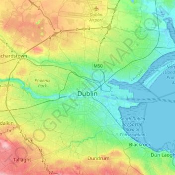 Topografische kaart Dublin, hoogte, reliëf