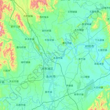 Topografische kaart 冷水滩区, hoogte, reliëf