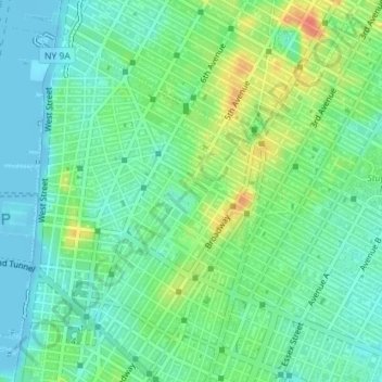 Topografische kaart Greenwich Village, hoogte, reliëf