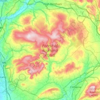 Topografische kaart Forest of Bowland AONB, hoogte, reliëf