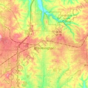 Topografische kaart Bloomington, hoogte, reliëf
