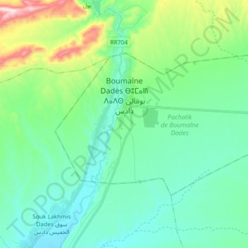 Topografische kaart Boumalne Dadès, hoogte, reliëf