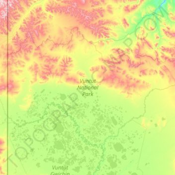 Topografische kaart Vuntut National Park, hoogte, reliëf