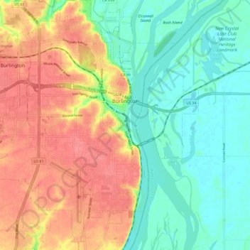 Topografische kaart Burlington, hoogte, reliëf