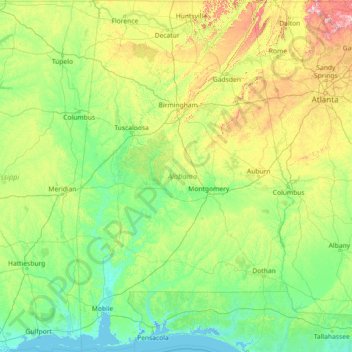 Topografische kaart Alabama, hoogte, reliëf
