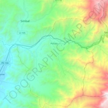 Topografische kaart Poroto, hoogte, reliëf