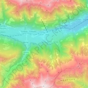 Topografische kaart Laces, hoogte, reliëf