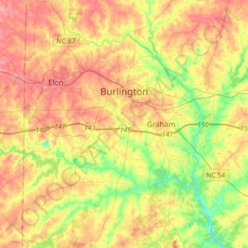 Topografische kaart Burlington, hoogte, reliëf