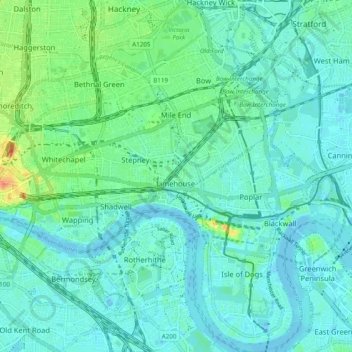 Topografische kaart London Borough of Tower Hamlets, hoogte, reliëf