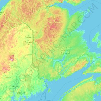 Topografische kaart New Brunswick / Nouveau-Brunswick, hoogte, reliëf