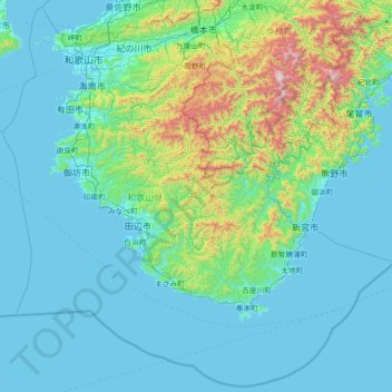 Topografische kaart Préfecture de Wakayama, hoogte, reliëf
