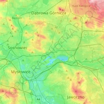 Topografische kaart Sosnowiec, hoogte, reliëf