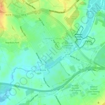 Topografische kaart London Colney, hoogte, reliëf
